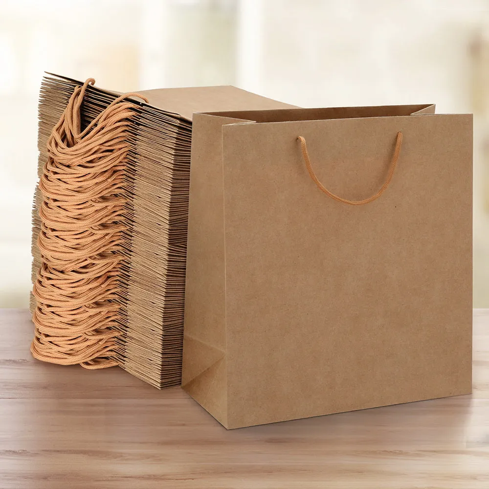 100pcs Kraft Paper Bags, Strong Handles, 5kg, Reusable - Brown