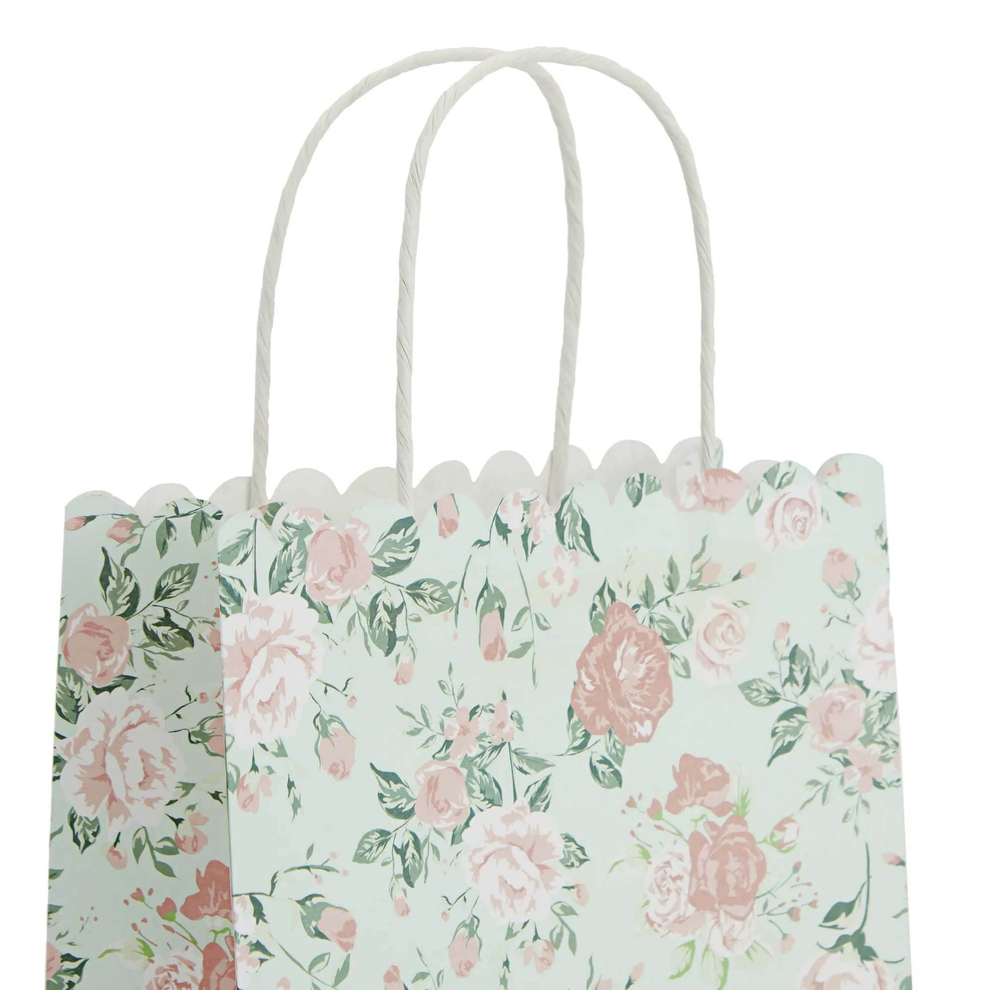 24-Pack Floral Gift Bags, 8x4x10-Inch Medium Size Gift Bags with Handles, Paper Bags with Colorful Rose Flower Print (Green)