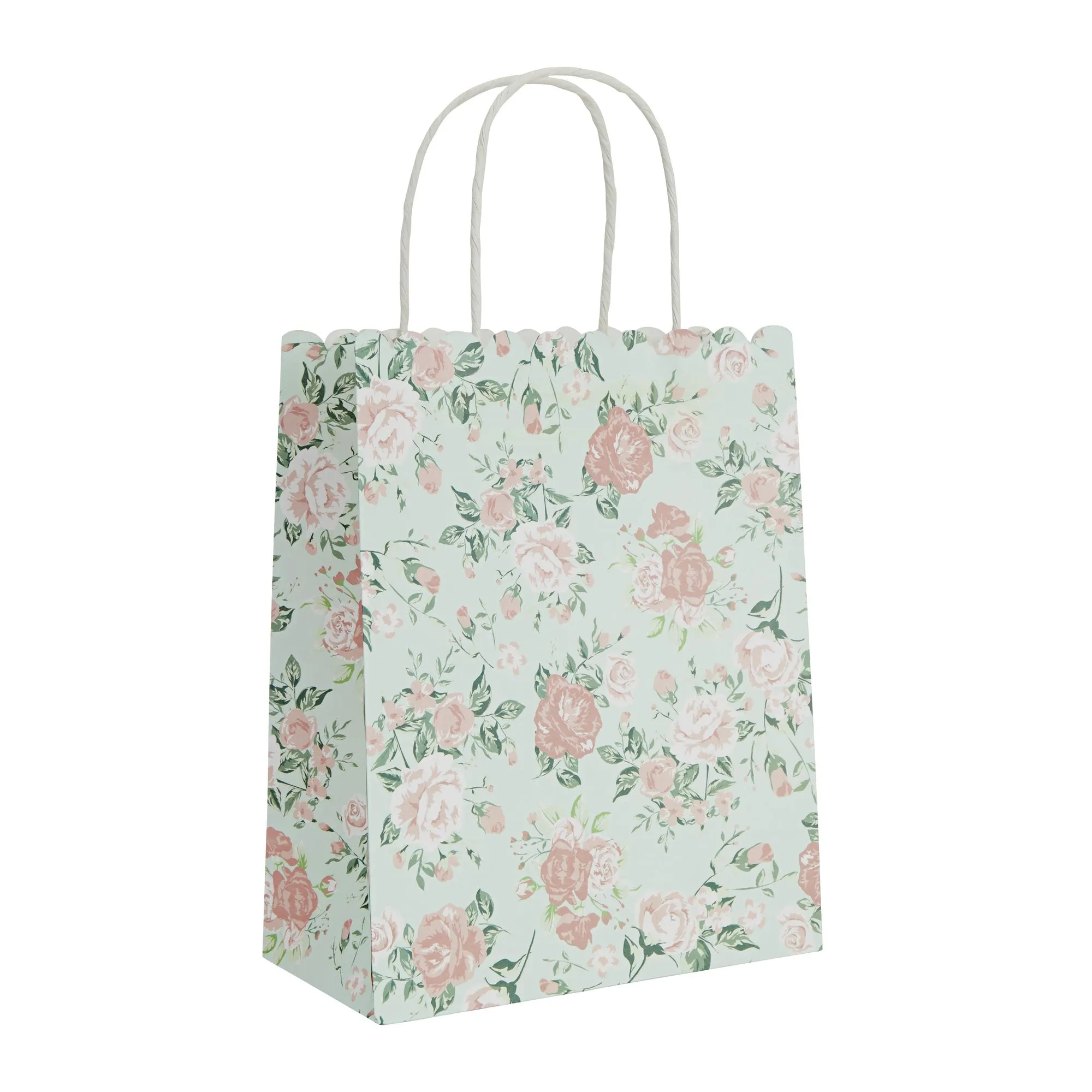 24-Pack Floral Gift Bags, 8x4x10-Inch Medium Size Gift Bags with Handles, Paper Bags with Colorful Rose Flower Print (Green)