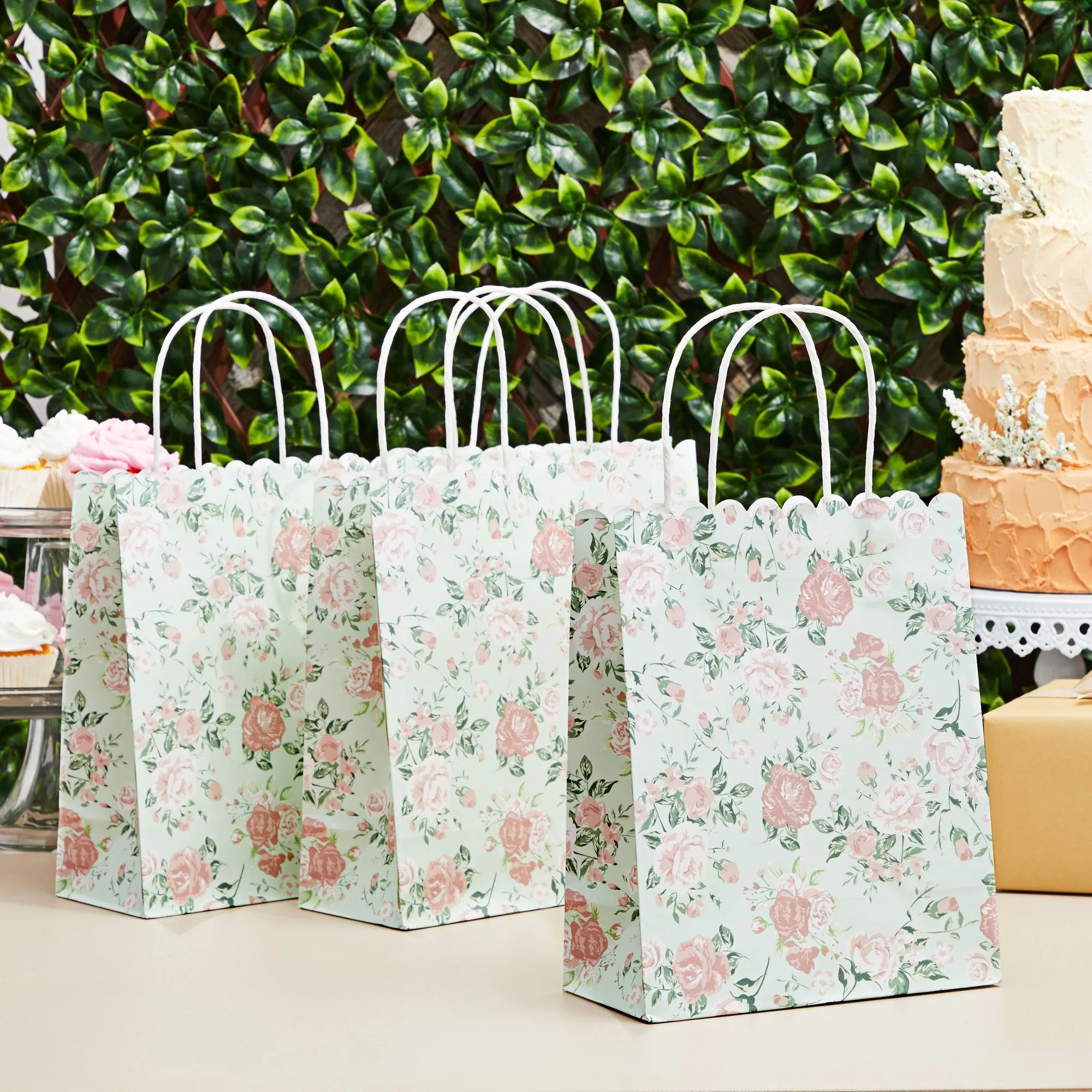 24-Pack Floral Gift Bags, 8x4x10-Inch Medium Size Gift Bags with Handles, Paper Bags with Colorful Rose Flower Print (Green)