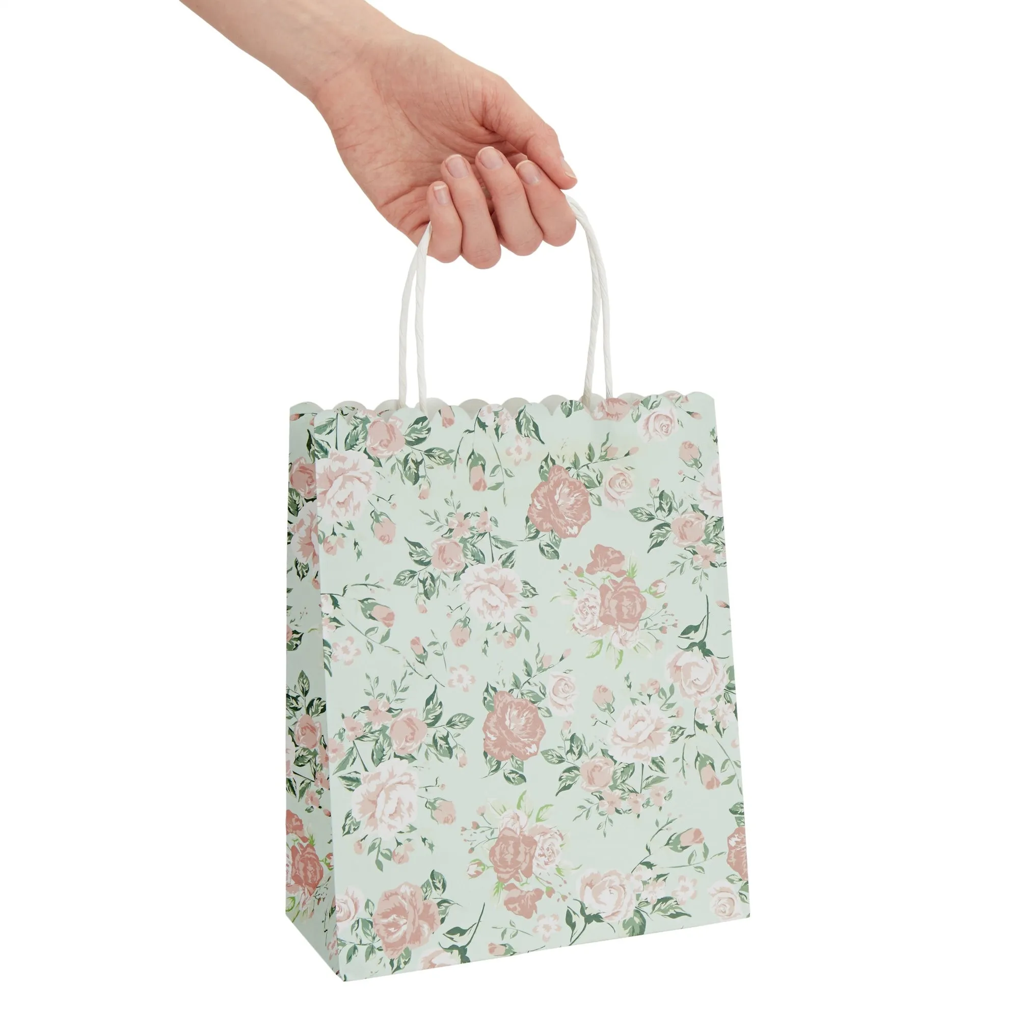 24-Pack Floral Gift Bags, 8x4x10-Inch Medium Size Gift Bags with Handles, Paper Bags with Colorful Rose Flower Print (Green)