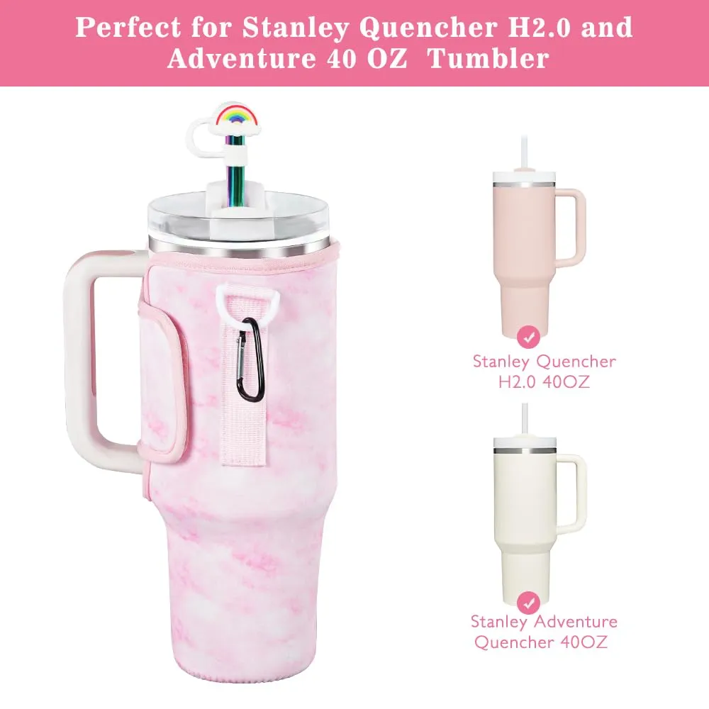 3 in 1 Water Bottle Carrier Bag with Pouch Pocket fits Stanley 40 oz Tumbler, Water Bottle Holder with Strap for Stanley Cup Accessories with Stainless Steel Straws, Straw Cover, Spill Proof Stoppers