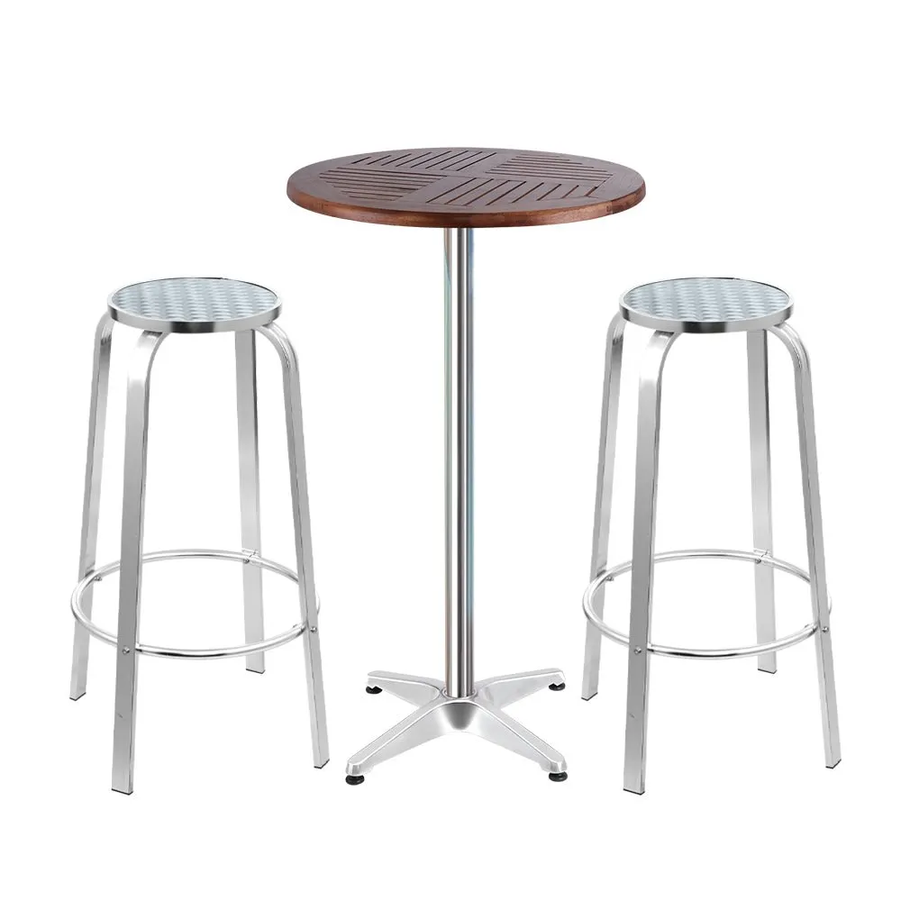 3-Piece Outdoor Bar Set Bistro Table Stools Adjustable Wooden Cafe