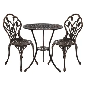 3PC Outdoor Setting Bistro Set Chairs Table Cast Aluminum Patio Furniture Tulip Bronze