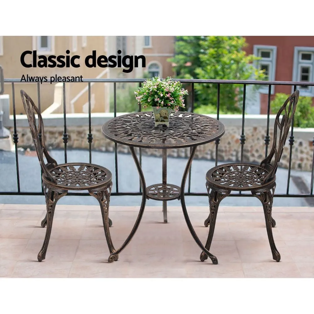 3PC Outdoor Setting Bistro Set Chairs Table Cast Aluminum Patio Furniture Tulip Bronze