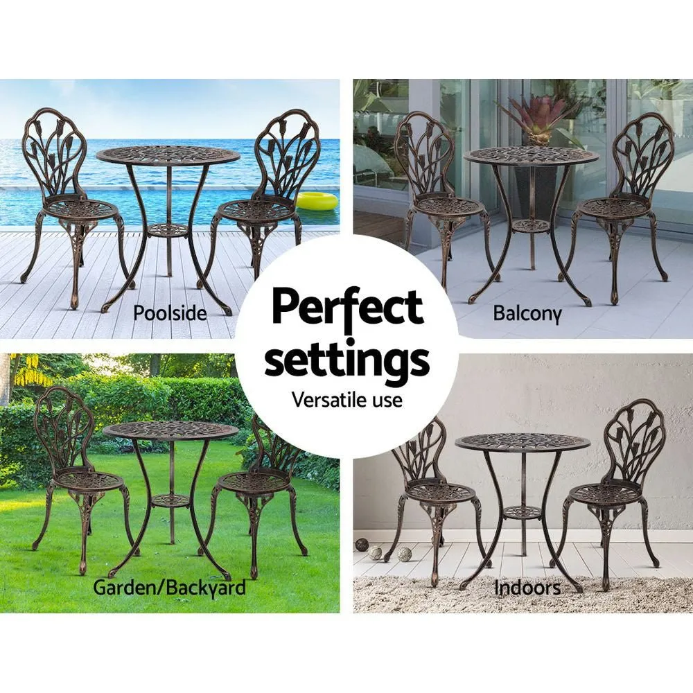 3PC Outdoor Setting Bistro Set Chairs Table Cast Aluminum Patio Furniture Tulip Bronze