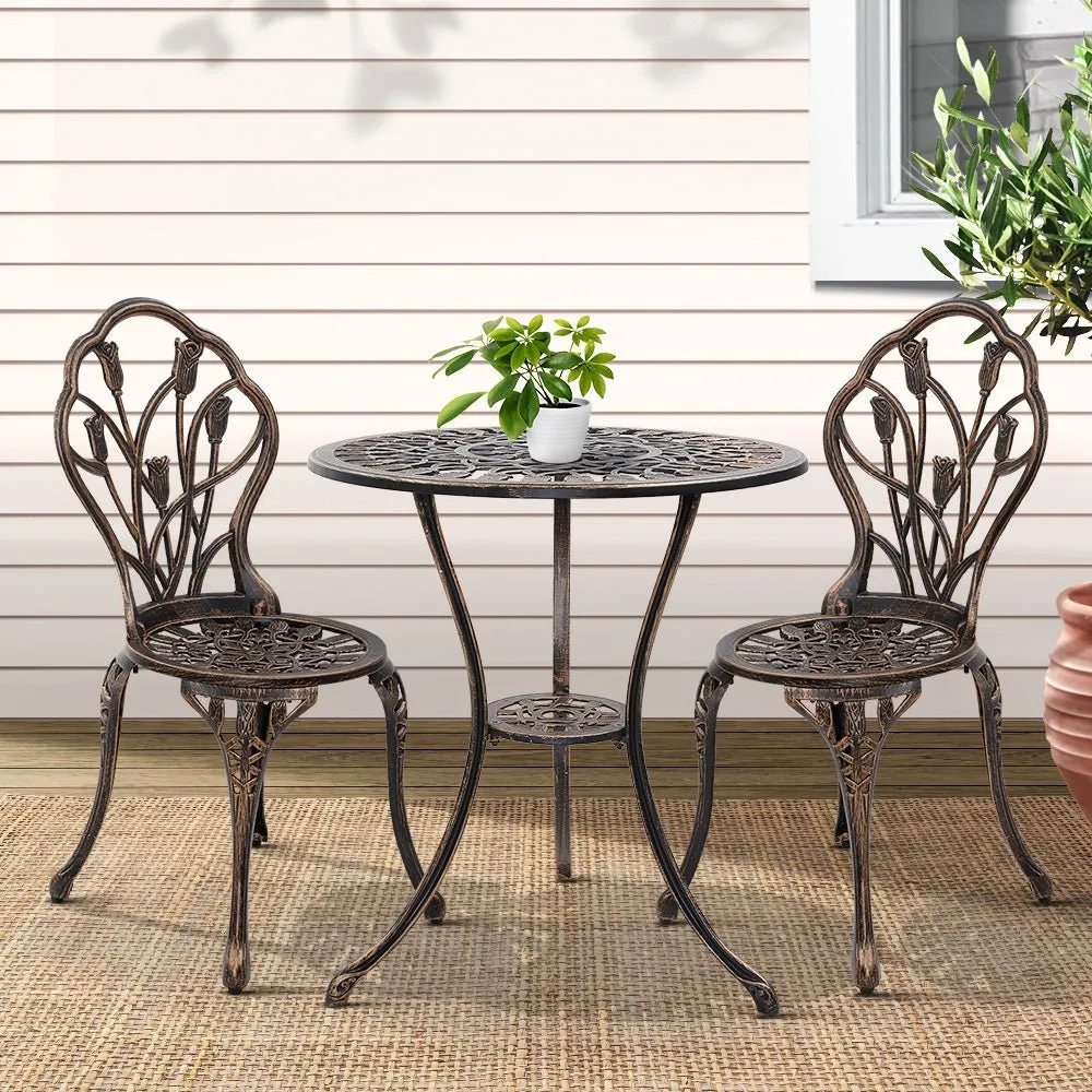 3PC Outdoor Setting Bistro Set Chairs Table Cast Aluminum Patio Furniture Tulip Bronze