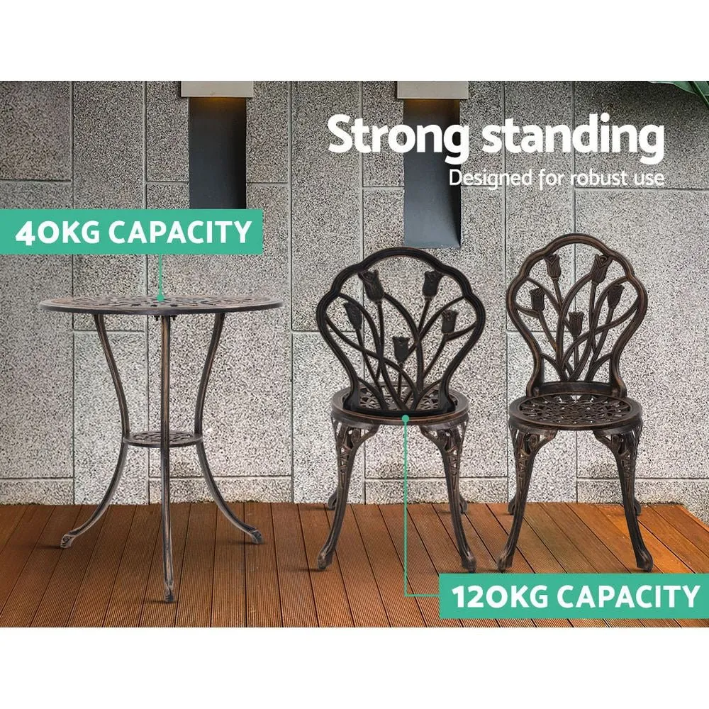 3PC Outdoor Setting Bistro Set Chairs Table Cast Aluminum Patio Furniture Tulip Bronze