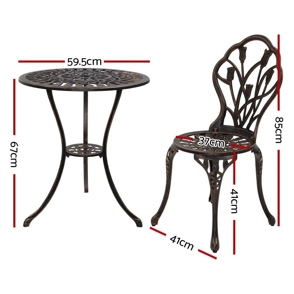 3PC Outdoor Setting Bistro Set Chairs Table Cast Aluminum Patio Furniture Tulip Bronze