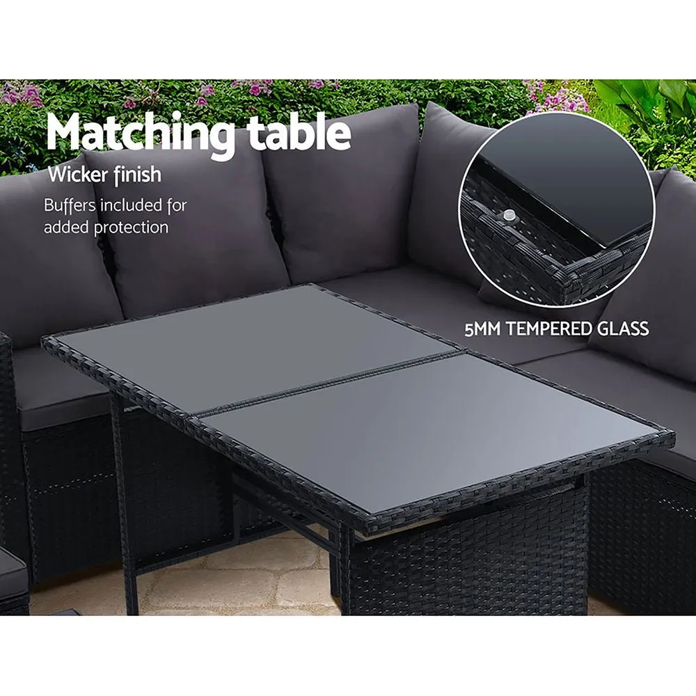 9 Seat Wicker Outdoor Lounge Setting with Storage Cover - Black