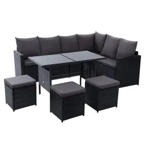 9 Seat Wicker Outdoor Lounge Setting with Storage Cover - Black