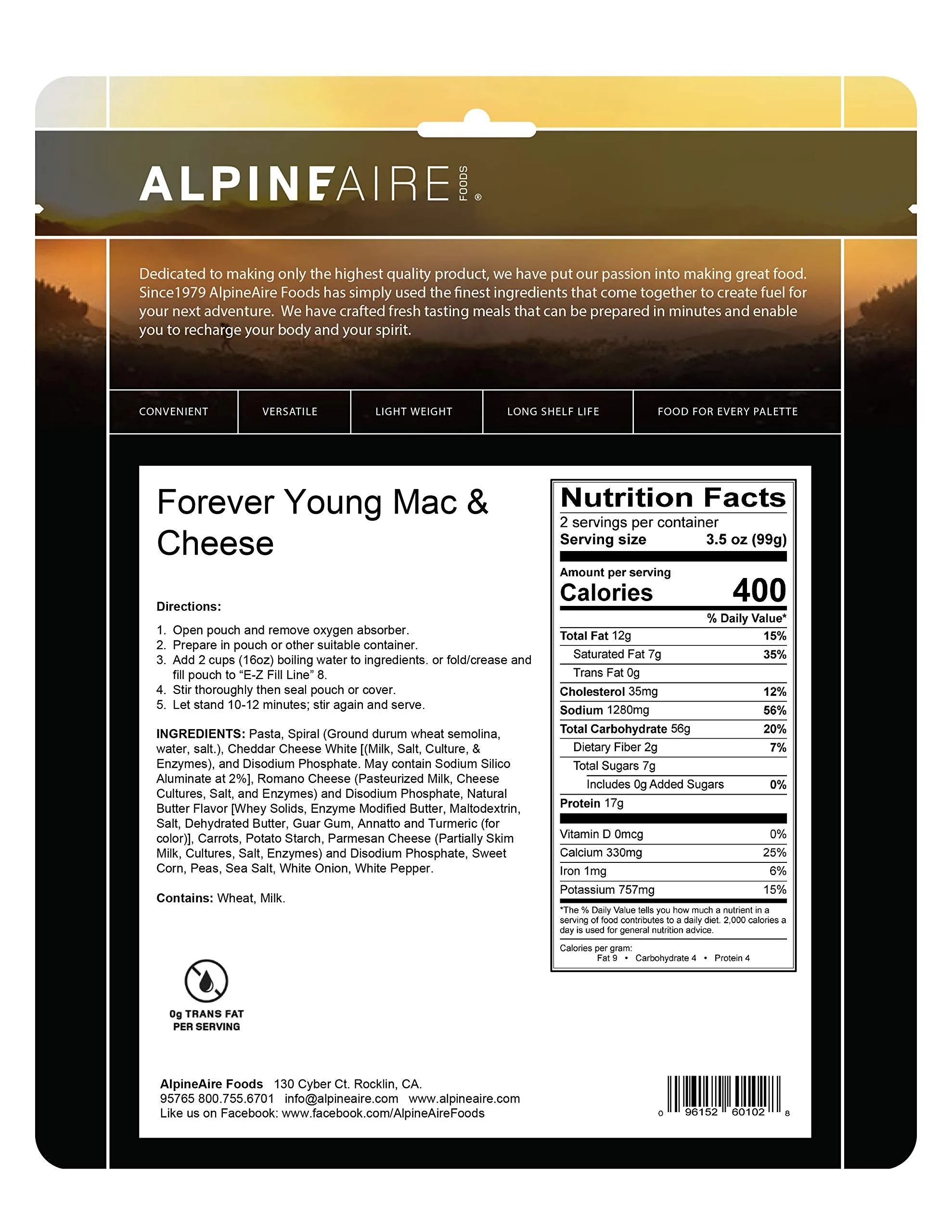 AlpineAire - Forever Young Mac and Cheese Pouch - 2 Servings