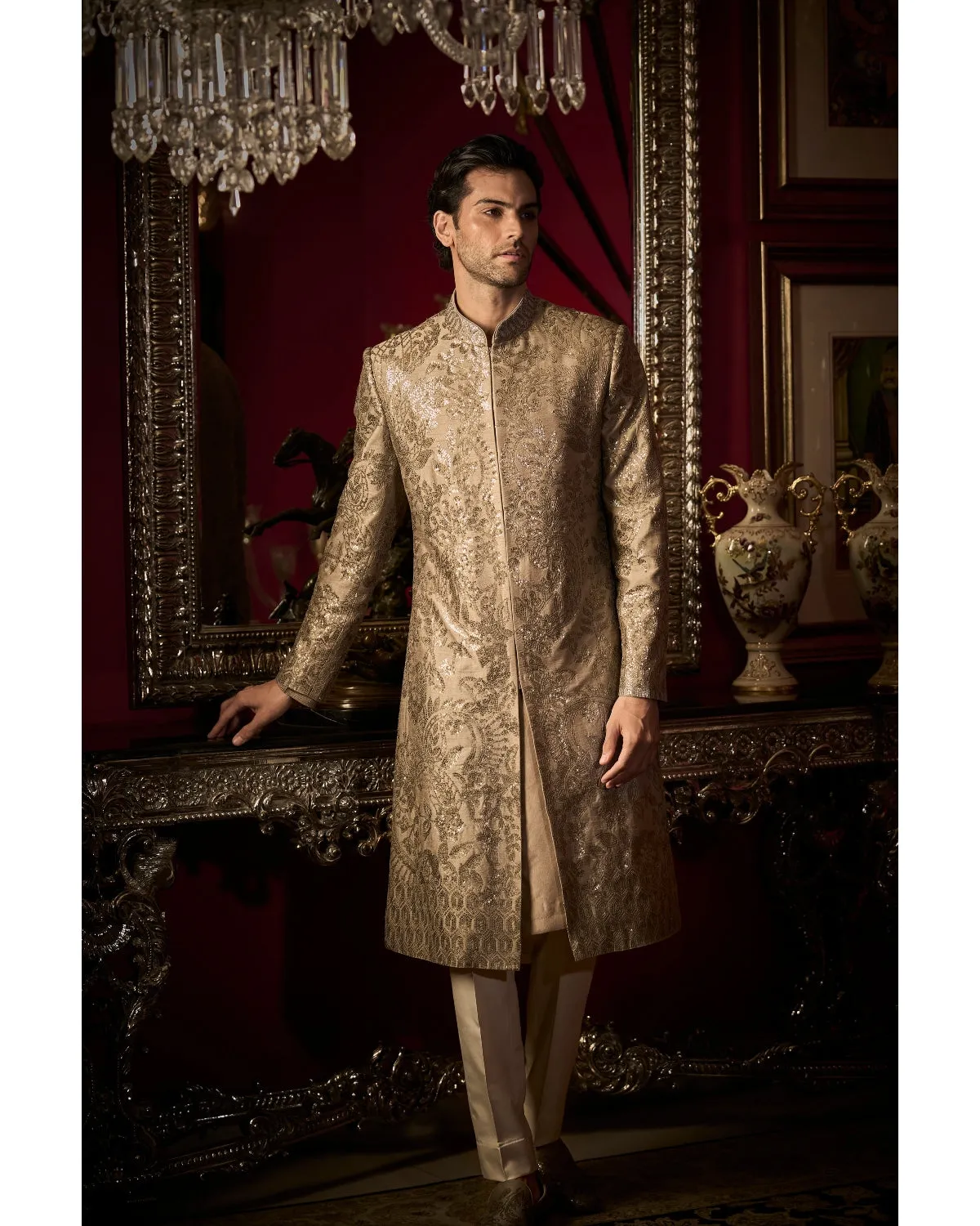 Ash Grey Sequin Sherwani Set