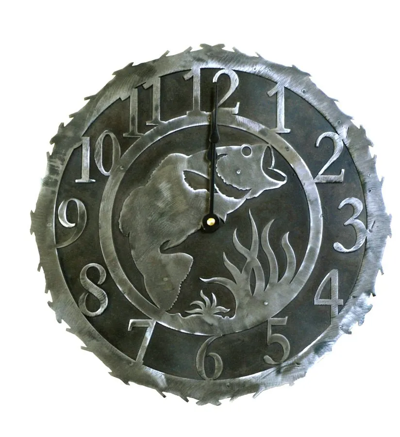 Bass Fish Handcrafted Rustic Metal Wall Clock - 12"