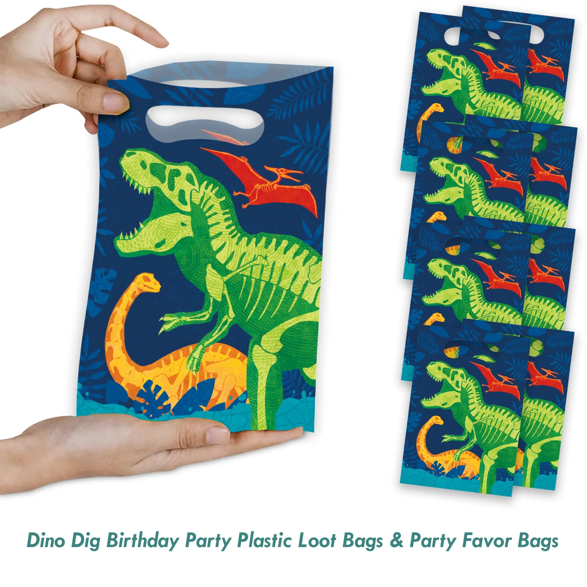 Dino Dig Birthday Party Plastic Loot Bags & Party Favor Bags, 9 Inch Size, 16 Count