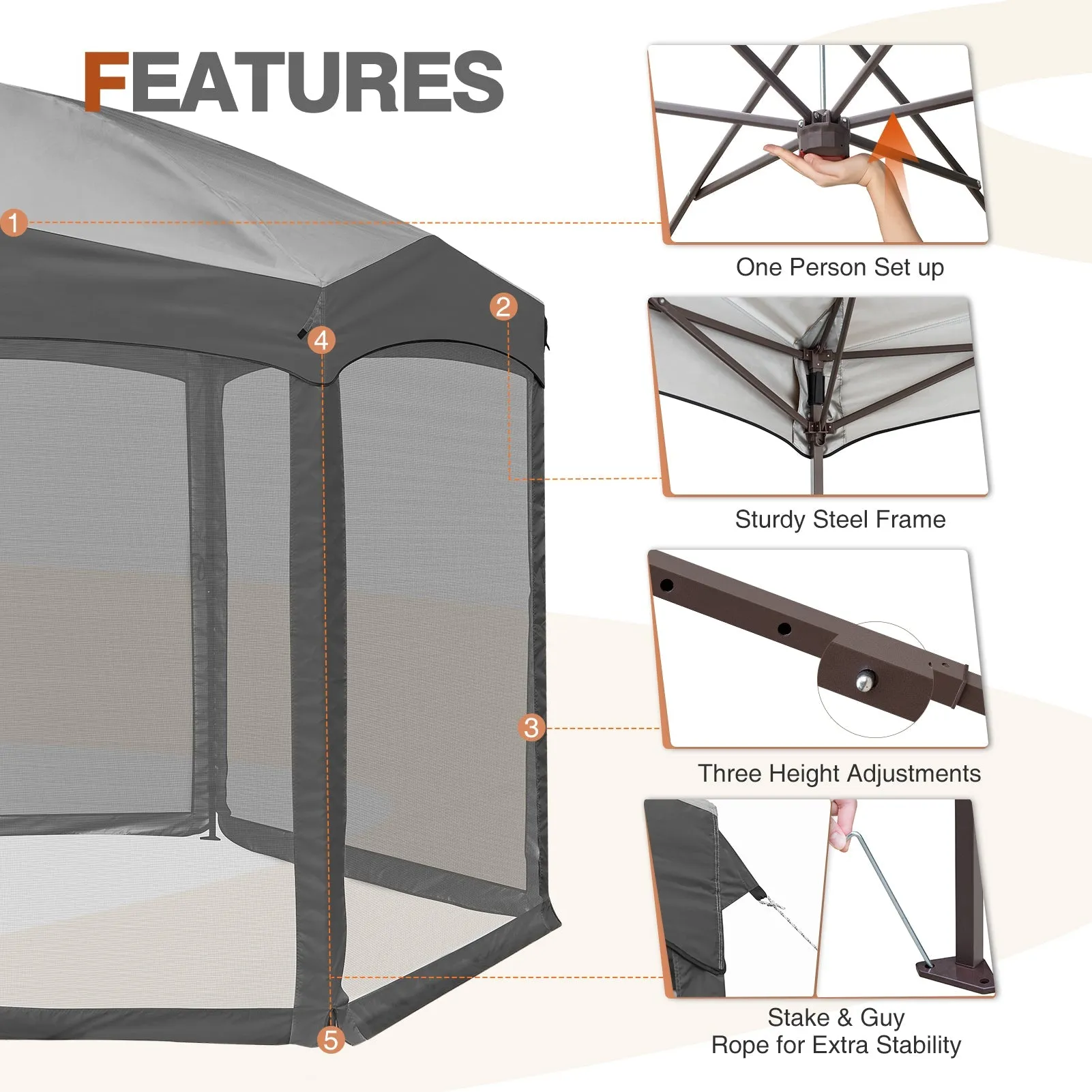 EAGLE PEAK Pop-Up Camping 6 Sided (6x6x6) Gazebo w/ Mosquito Netting Easy Center Push Canopy Shelter Instant Setup Outdoor Screen Ten