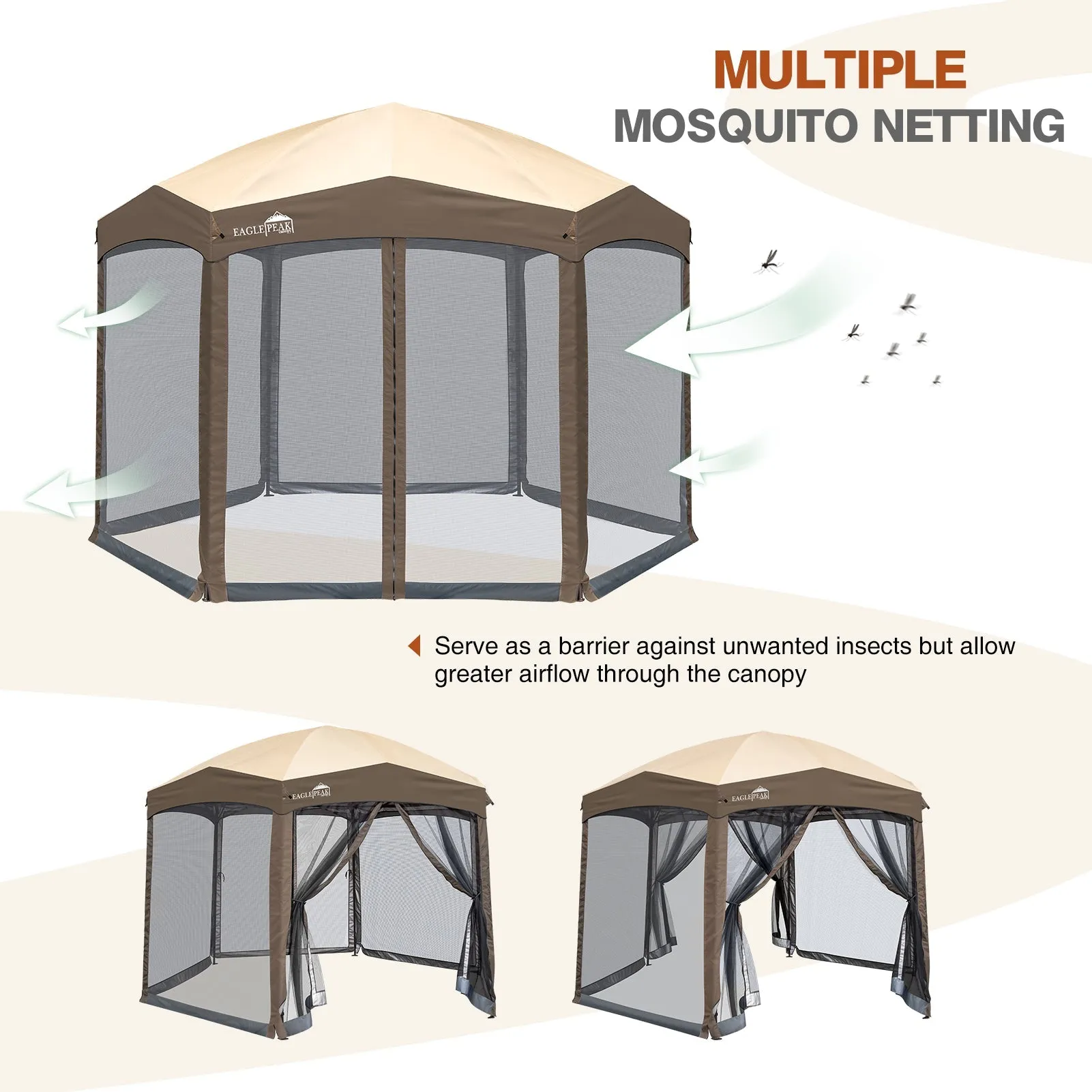 EAGLE PEAK Pop-Up Camping 6 Sided (6x6x6) Gazebo w/ Mosquito Netting Easy Center Push Canopy Shelter Instant Setup Outdoor Screen Ten