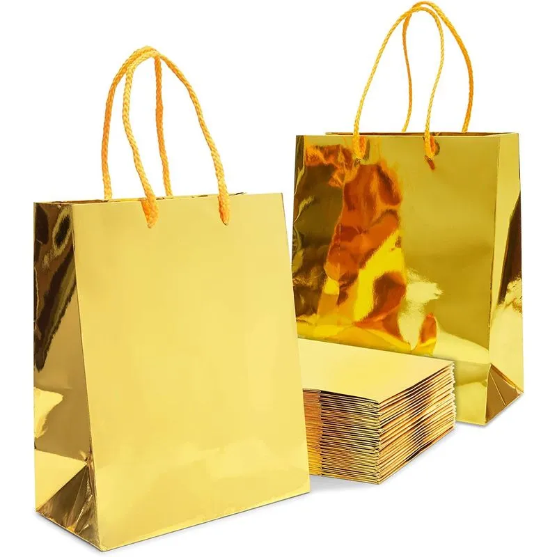 Gold Gift Bags with Handles, Small Gift Bag (9.25 x 8 x 4.25 in, 24 Pack)