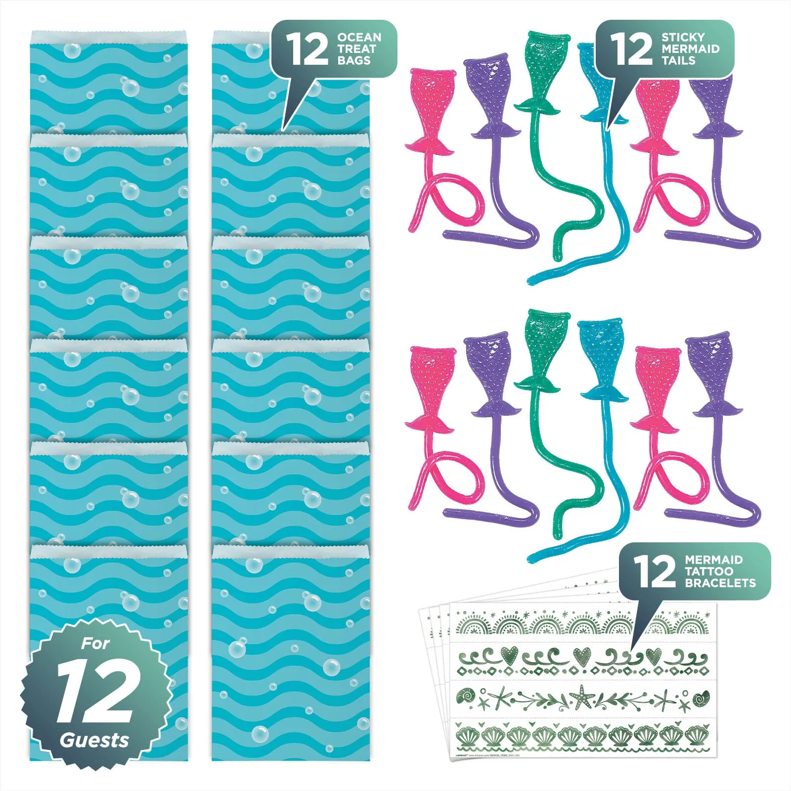 Mermaid Party Favors - Ocean Treat Bags, Metallic Tattoo Bracelets, and Sticky Stretchy Mermaid Tails for 12 Guests