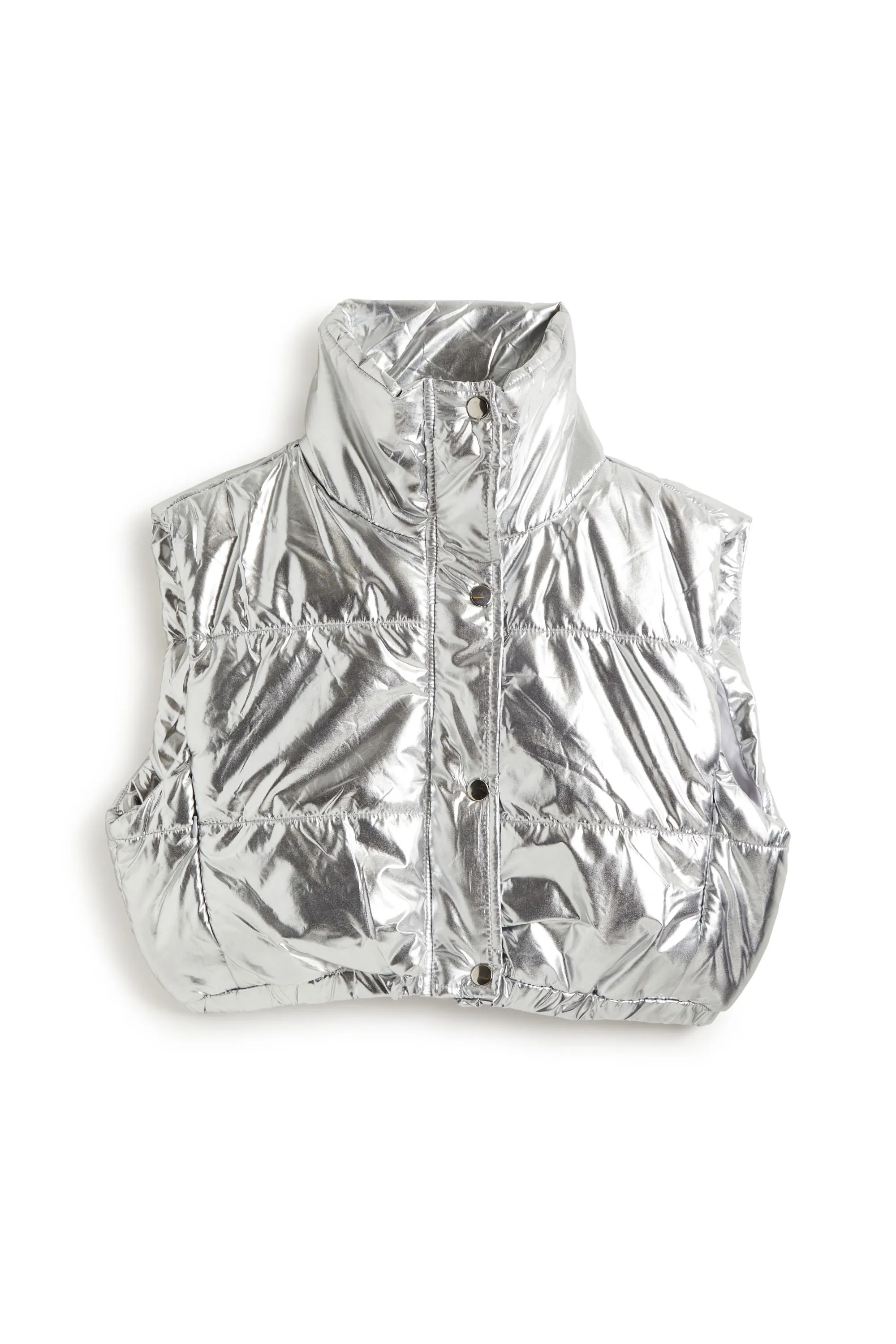 Metallic Cropped Puffer Vest With Pull Tab