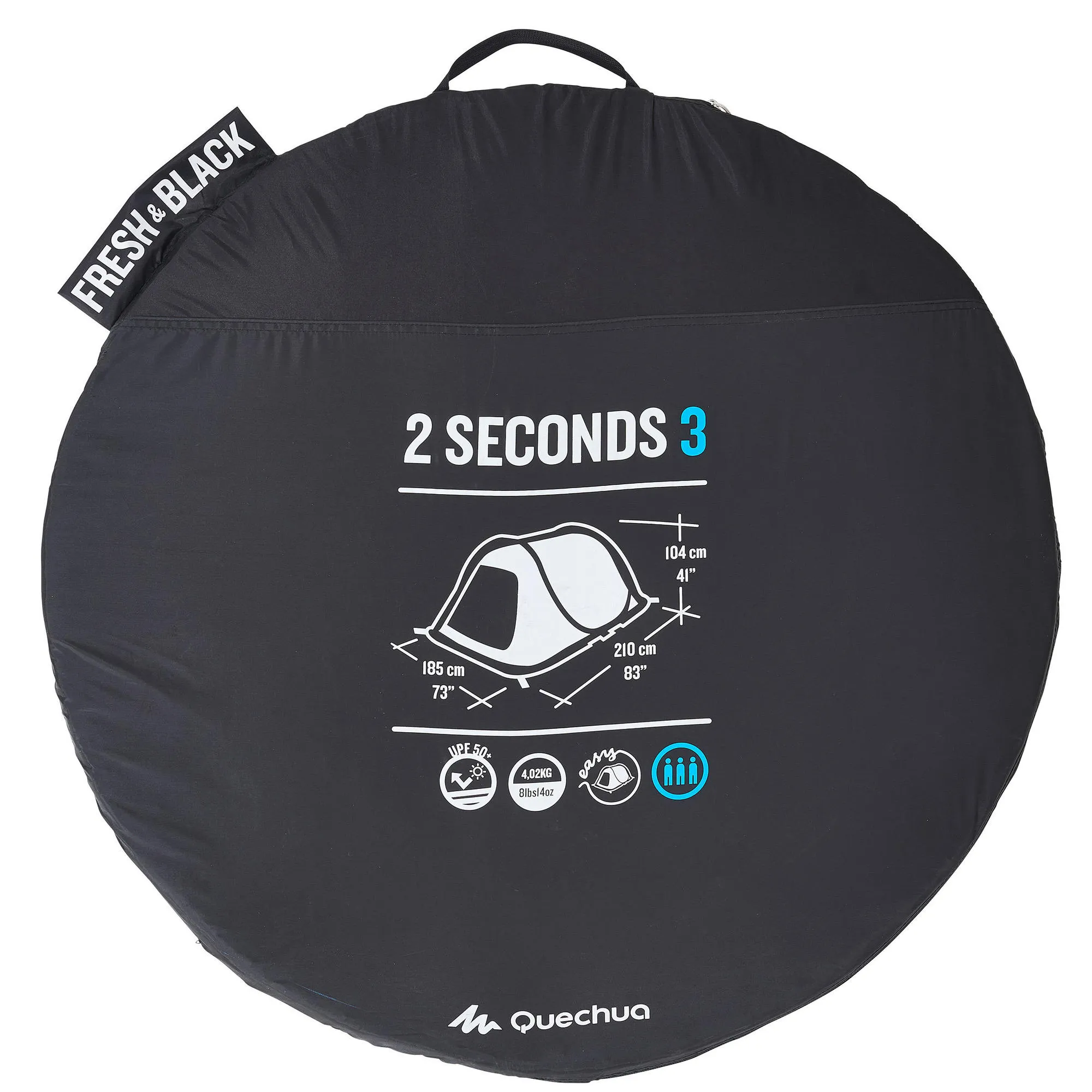 Quechua 2 Second Fresh & Black Waterproof Pop Up Camping Tent 3 Person