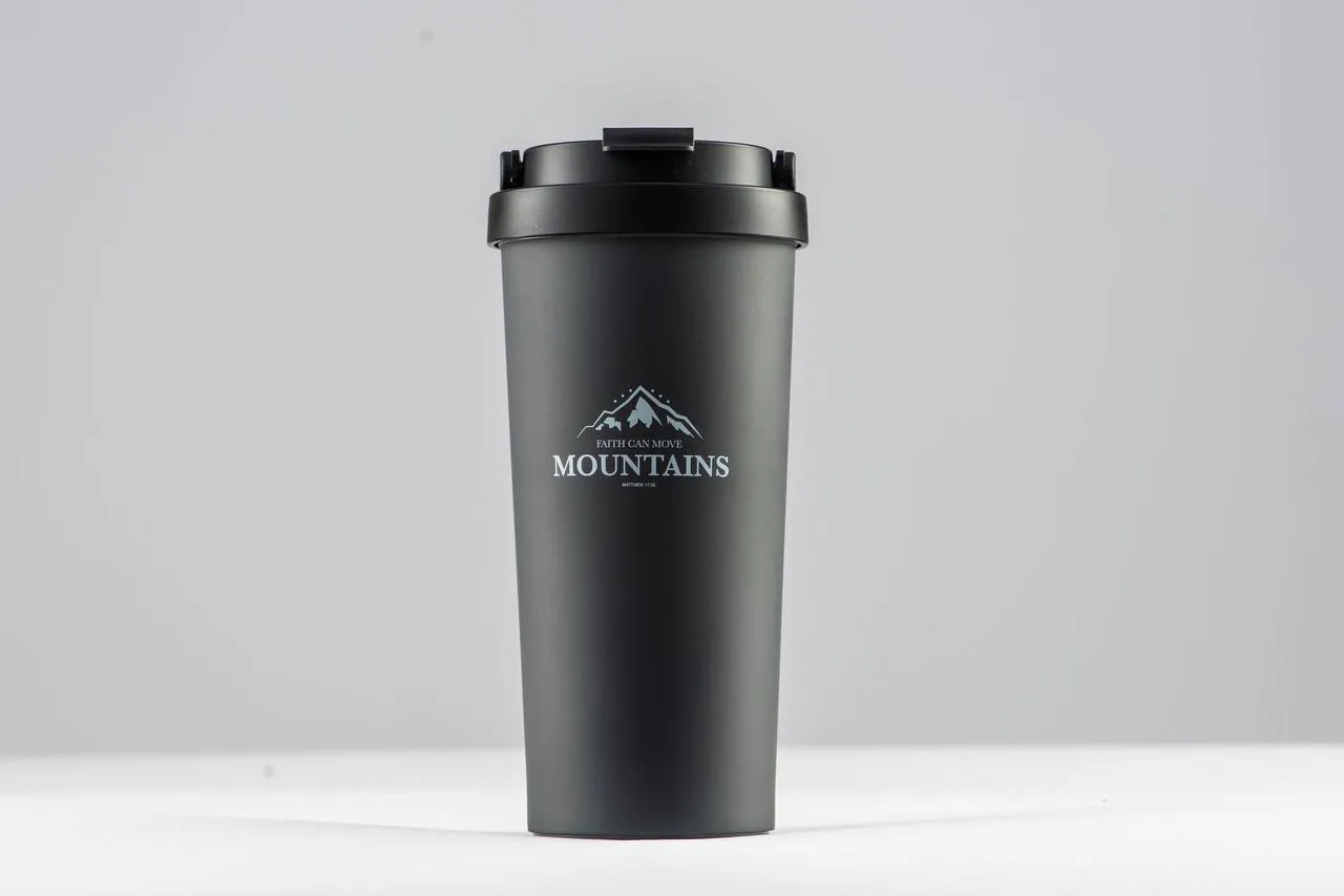 "Faith can move mountains-Matthew 17:20" Coffee cup, stainless steel insulated mug, non-tipping bottom suction cup