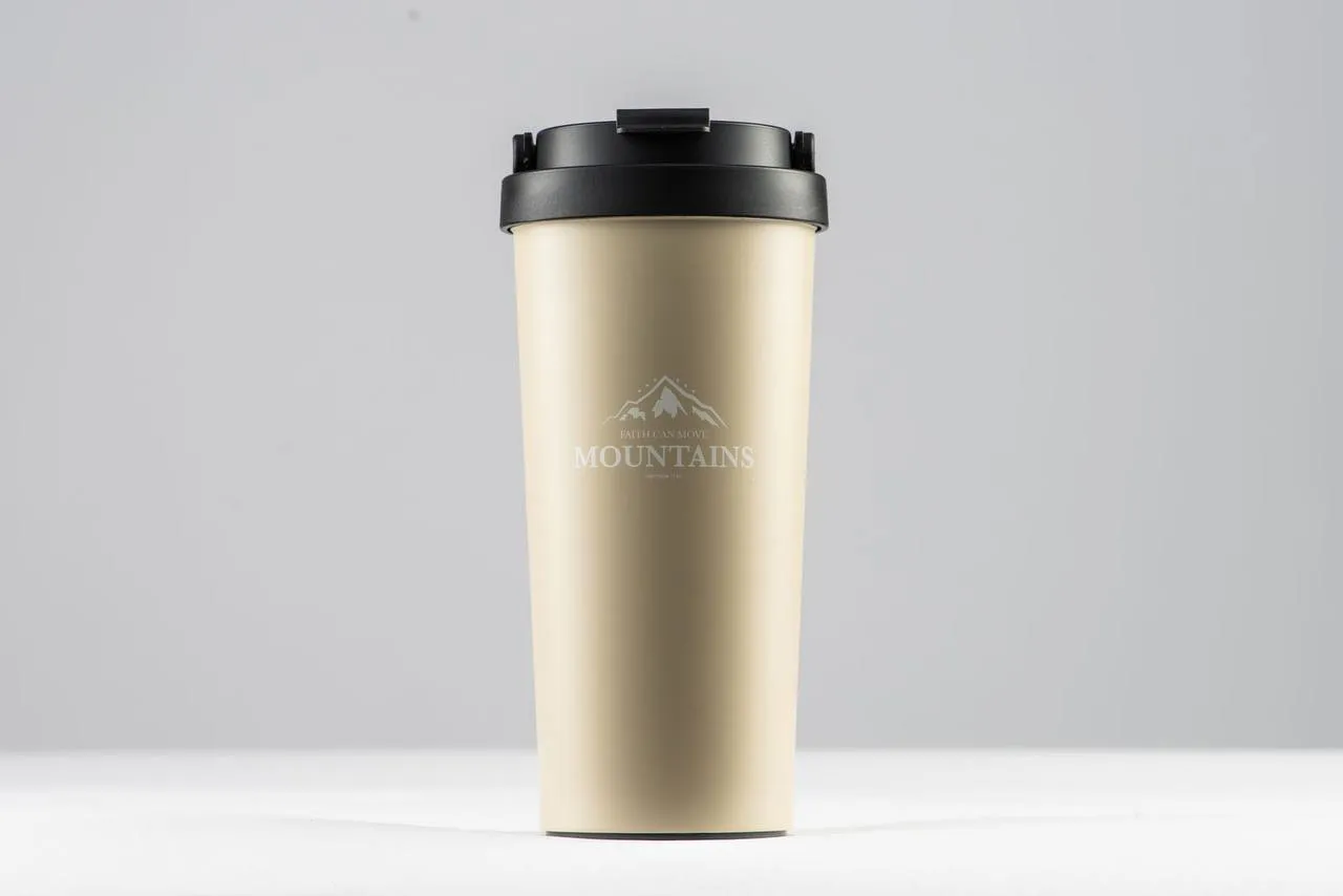 "Faith can move mountains-Matthew 17:20" Coffee cup, stainless steel insulated mug, non-tipping bottom suction cup