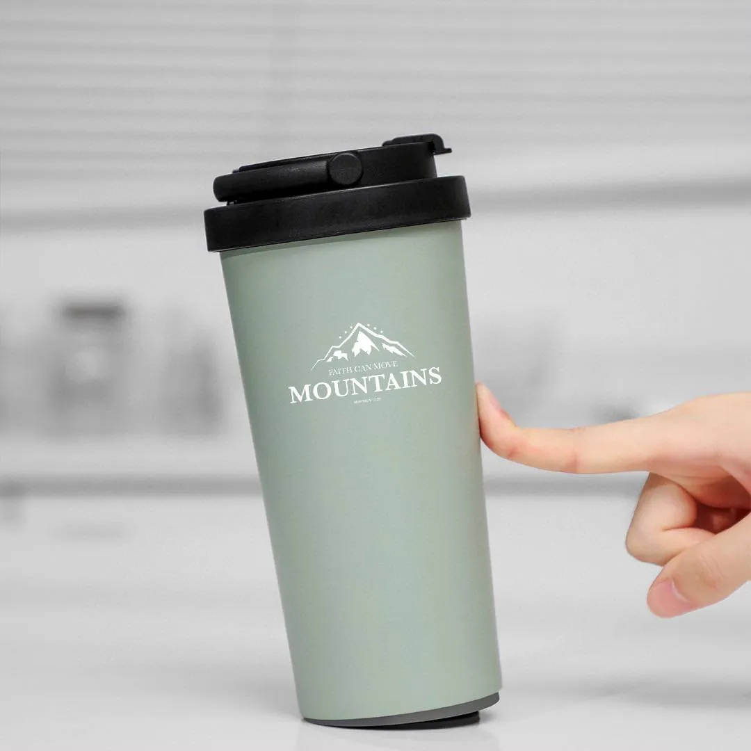 "Faith can move mountains-Matthew 17:20" Coffee cup, stainless steel insulated mug, non-tipping bottom suction cup