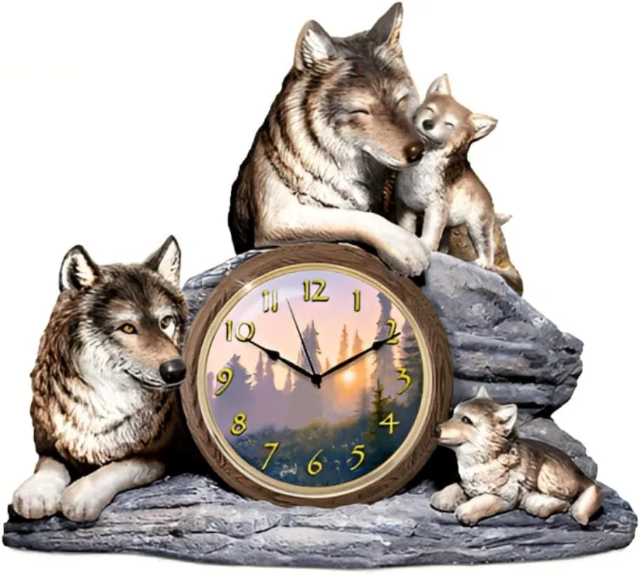 The Bradford Exchange Bonds of Love Wolf Clock A Timeless Tribute to Family and Nature Featuring Fully Sculpted Wolves Captivating Artistry by Al Agnew 6.75-inches